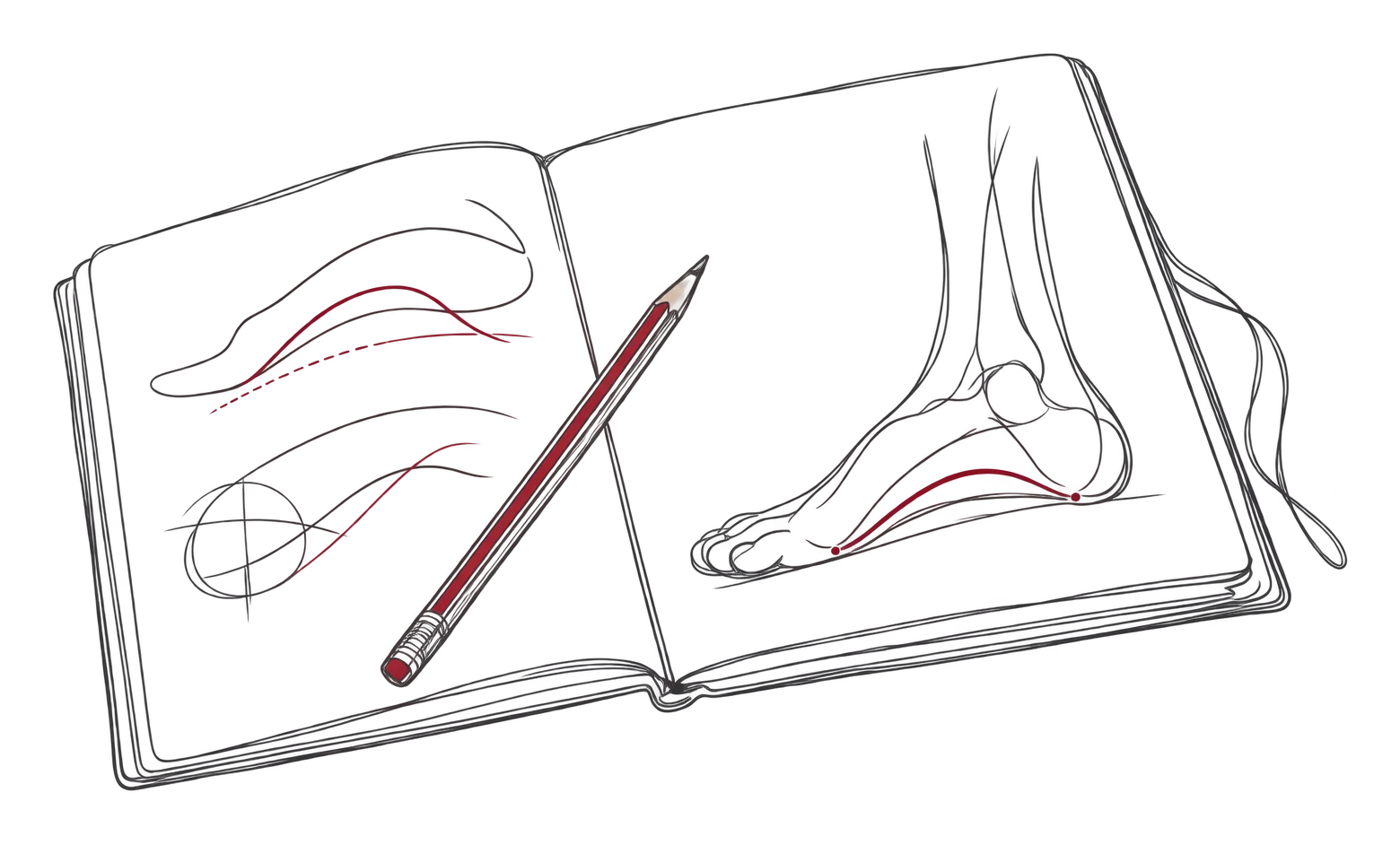 Zeichnung: aufgeschlagenes Buch mit Skizze eines Fußgewölbes und einem Bleistift